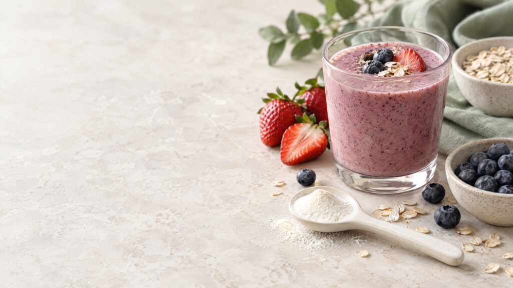 A berry smoothie with strawberries and blueberries beside a spoonful of white powder and oats.