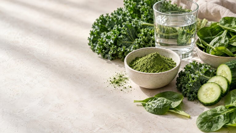 A bowl of green powder beside a glass of water, kale, spinach, and sliced cucumber.