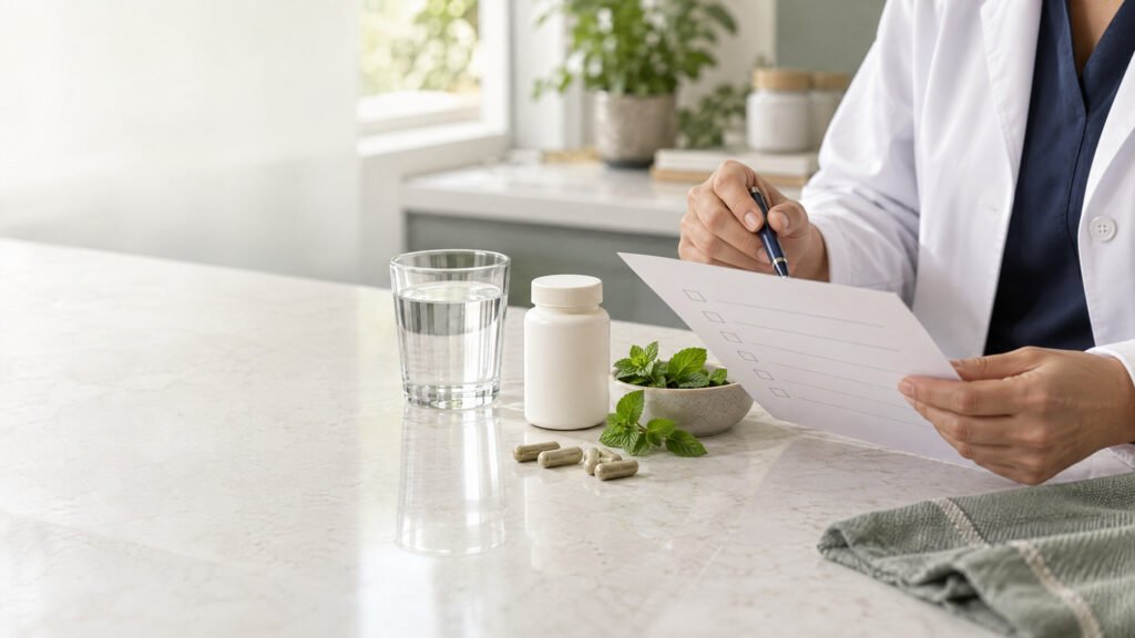 A pharmacist reviewing a blank ingredient checklist beside neutral capsules, a closed unbranded bottle and water.