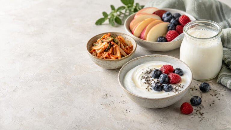 Bowls of plain yogurt and kimchi with berries and sliced fruit on a pale tabletop.