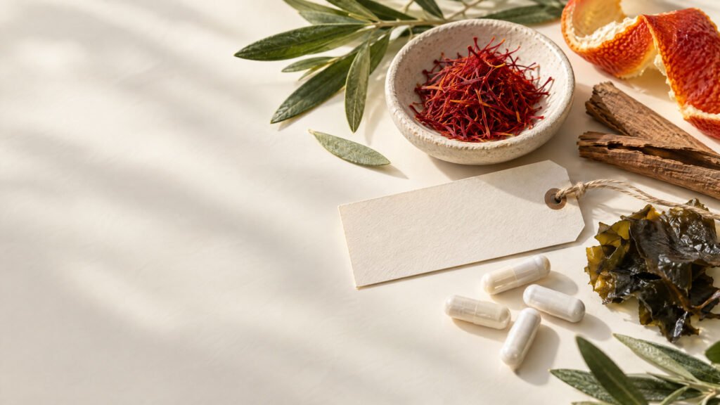Saffron threads, olive leaves, seaweed, cinnamon bark, citrus peel and plain capsules arranged as a supplement-ingredient still life.
