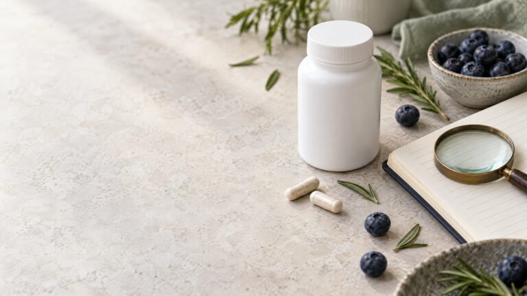 A blank supplement bottle, ingredient checklist, magnifying glass, blueberries and rosemary on a review desk.
