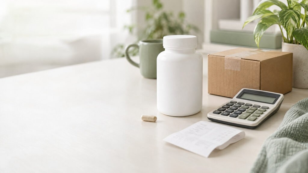 A blank supplement bottle, calculator, receipt, small shipping box and capsule on a consumer comparison desk.