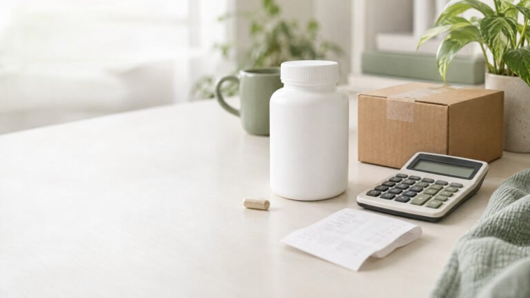 A blank supplement bottle, calculator, receipt, small shipping box and capsule on a consumer comparison desk.