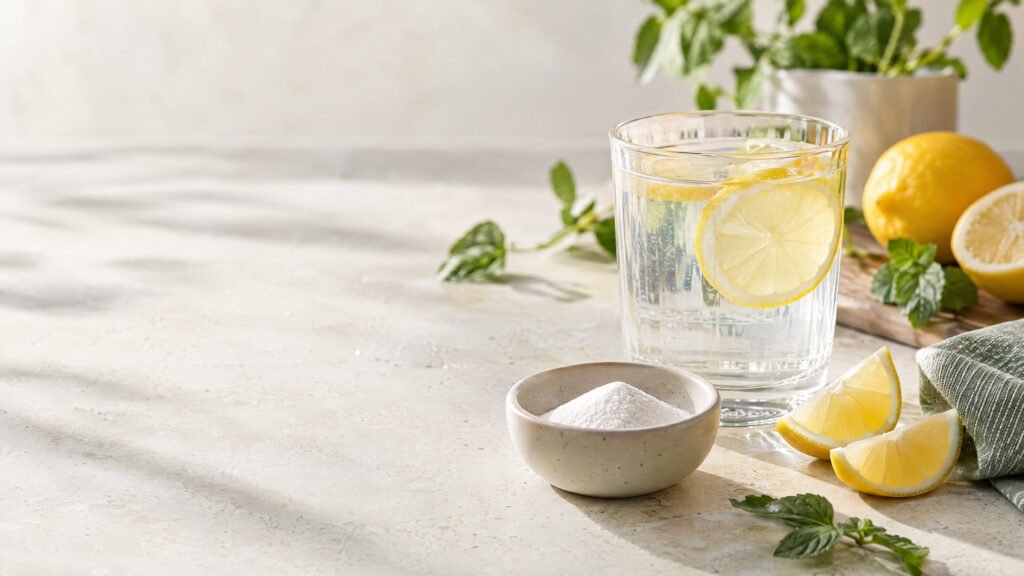 A glass of water with lemon, lemon wedges, mint leaves, and a small bowl of electrolyte powder.