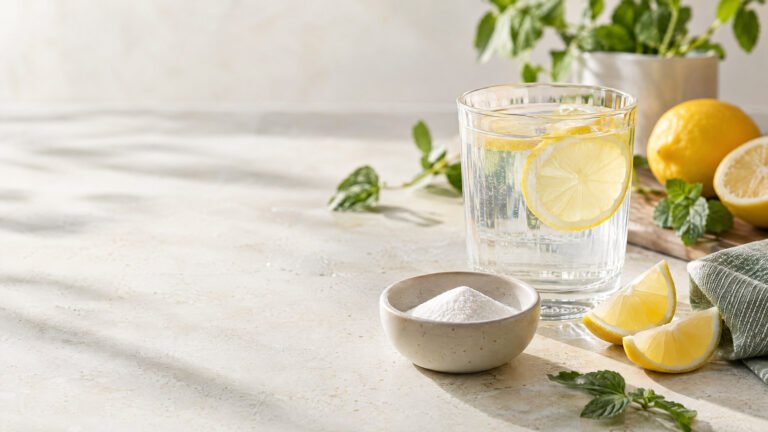 A glass of water with lemon, lemon wedges, mint leaves, and a small bowl of electrolyte powder.