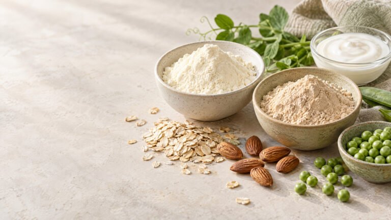 Bowls of whey and plant-based protein powder beside oats, almonds, peas, and plain yogurt.