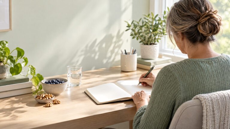 An adult writing in a journal at a desk beside blueberries, walnuts and a glass of water.